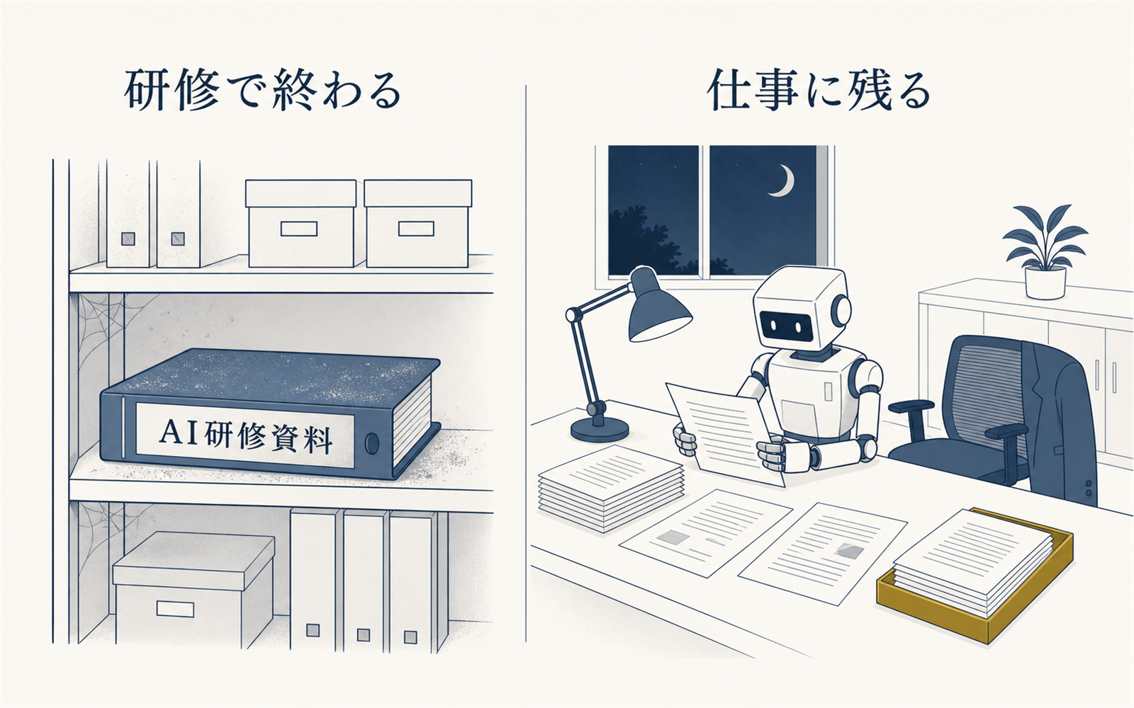 棚で眠るAI研修資料と、毎日書類仕事をこなし続けるAIの対比イラスト